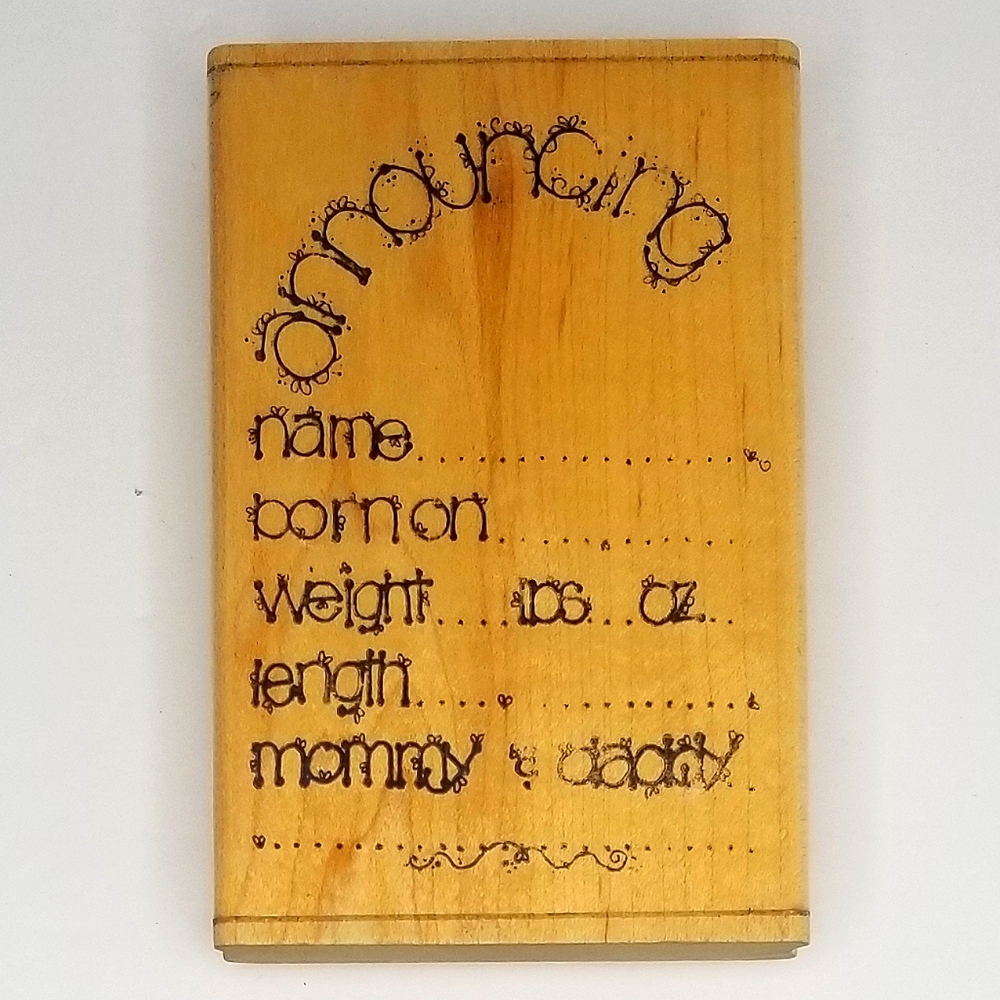 D.O.T.S. Vintage "Baby Announcement" Bubbly Print Wooden Rubber Stamp